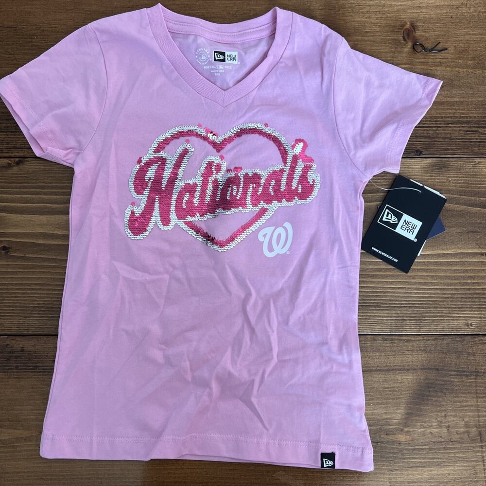 New Era Girl Pink Washington Nationals Flip Baseball Sequin V-Neck T-Shirt 6/6X